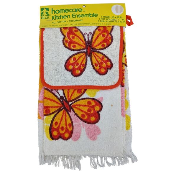 Vintage 1970's RIEGEL Orange Butterfly Kitchen Linen Set Pot Holder Dish Towels - Picture 1 of 7